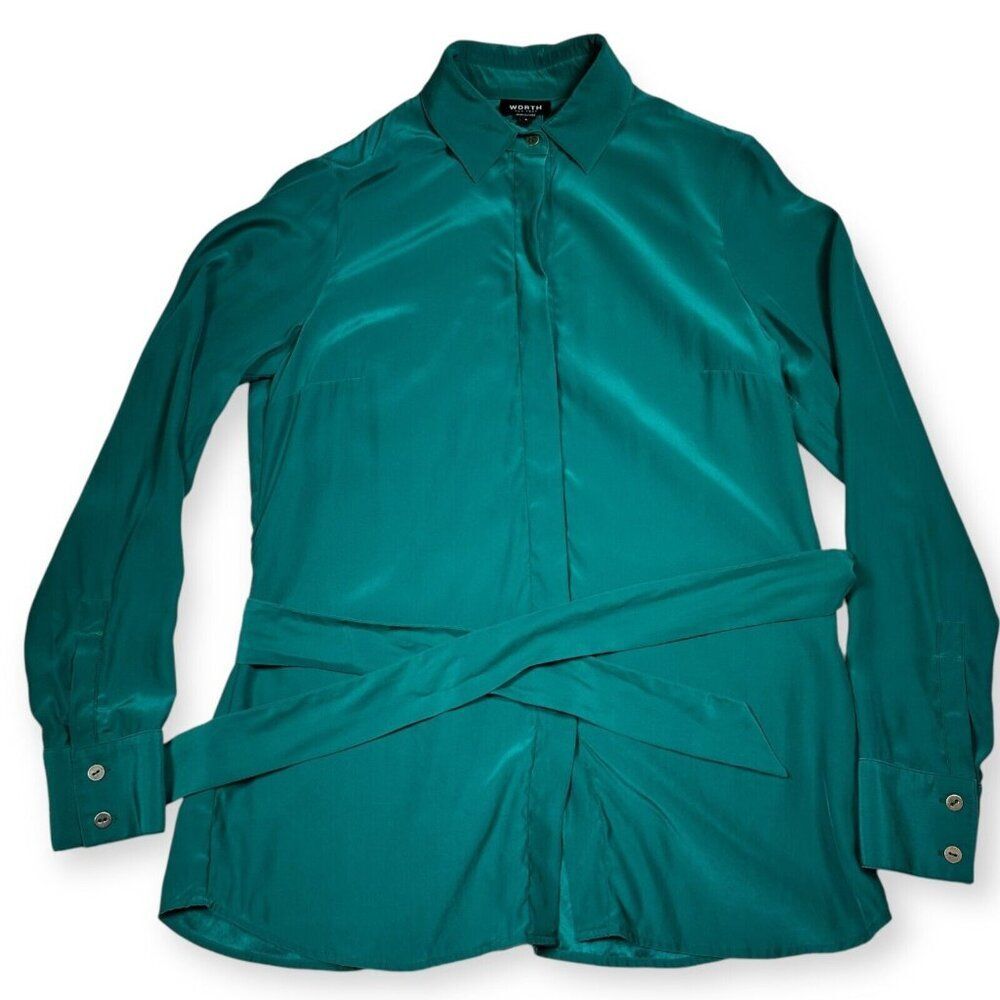 WORTH Teal Silk Buttondown Blouse Tunic‎ Top Belted Women’s Size S